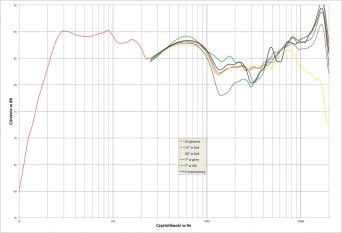 Rys. 1. Chario SERENDIPITY - charakterystyka przetwarzania w całym pasmie akustycznym, na różnych osiach.