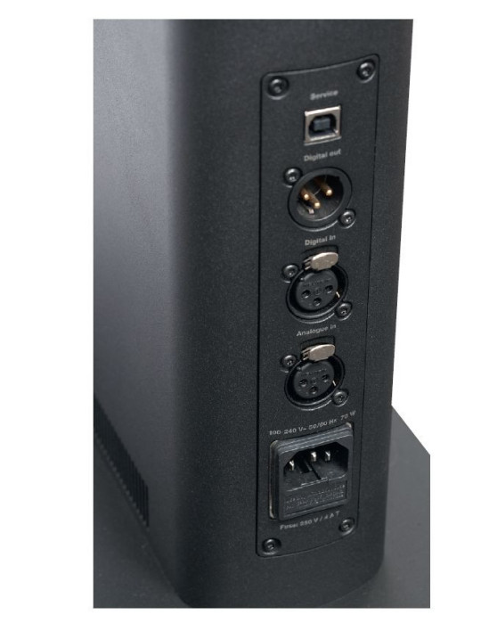 Oprócz wejścia analogowego XLR, jest wejście i wyjście cyfrowe AES3 (para konieczna dla przerzucenia sygnału cyfrowego do drugiego głośnika). Gniazdo USB służy tylko celom serwisowym. Obok gniazda sieciowego (ani nigdzie indziej) nie ma włącznika zasilania – głośniki wybudza podany sygnał