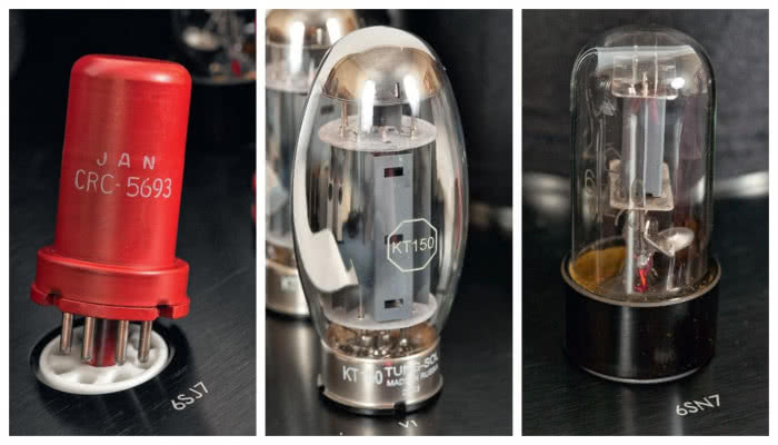 1. Wśród lamp znajduje się rarytas firmy RCA (produkcja USA) – podwójna trioda w oryginalnych, czerwonych osłonkach; 2. Podstawowa wersja wzmacniacza Scorpio II jest wyposażona w klasyczne lampy EL34. My testujemy odmianę z mocniejszymi KT150 produkcji Tung-SOL; 3. Lampy w stopniu sterującym to podwójne triody 6SN7 wyciągnięte ze starych zapasów (New Old Stock 