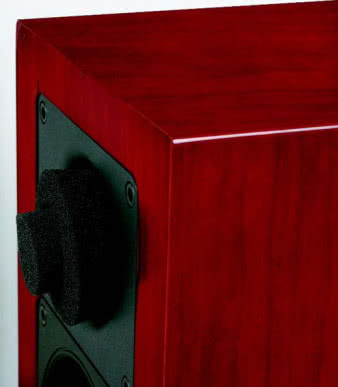 Charakterystykę w zakresie niskich
częstotliwości możemy regulować.
Pierścieniem z gąbki zmniejszymy
powierzchnię otworu, w ten sposób jednocześnie
obniżając strojenie i wprowadzając
tłumienie układu rezonansowego; wkładając
w pierścień korek, ostatecznie zamykamy
obudowę.