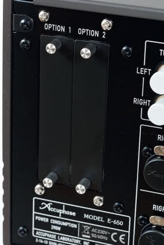 Zatoki kart
rozszerzeń
są fabrycznie
zaślepione,
można tam
zainstalować
moduł przedwzmacniacza
gramofonowego
oraz
przetwornik
DAC.