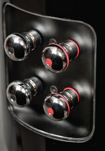 Terminal przyłączeniowy jest taki sam jak poprzednio,
ale trudno byłoby wymyślić coś bardziej
eleganckiego i doskonalszego mechanicznie i elektrycznie
– chromowane zaciski są z miedzi. Zworki
(niepokazane na zdjęciu) to odcinki przewodów.