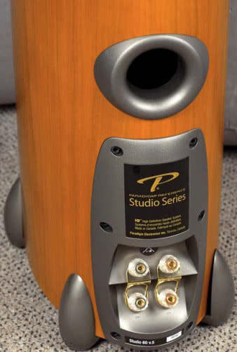 Obłemu kształtowi obudowy towarzyszą
"tłuste", solidne metalowe dodatki. W Studio
60 wszystko jest gęste, ciężkie, masywne,
chociaż nie bardzo duże. Jeden z dwóch
otworów bas-refleks wyprowadzono z tyłu.