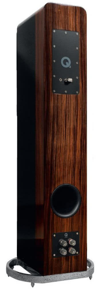 Na tylnej
ściance
"dzieje się" nie
mniej niż na
froncie; uwagę
przyciąga
zwłaszcza duży
panel w górnej
części, którego
obecność jest
ściśle związana
z konstrukcją
wewnętrzną
i sposobem
instalacji
głośników.