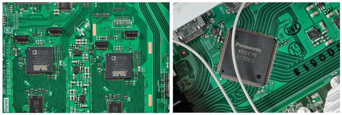 Obsługę sygnałów audio powierzono dwóm procesorom DSP Analog Devices SHARC (fot. z lewej); W większości amplitunerów sygnały z gniazd HDMI trafiają do scalaków firmy Panasonic; w tym przypadku zajęły się one również formatem 8K (fot. z prawej)
