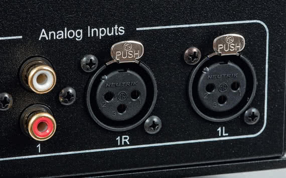 Wejścia analogowe RCA i XLR wpuszczają sygnał do zbalansowanego, analogowego przedwzmacniacza.