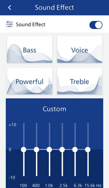 Aplikacja mobilną obejmuje rozbudowane korekcje brzmienia i wiele dodatkowych ustawień.
