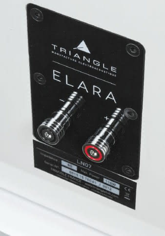 Gniazdo przyłączeniowe nie jest tak luksusowe,
jak w droższych konstrukcjach Triangle, ale wciąż
prezentuje się bardzo elegancko. Jedyny dysonans
wprowadza sposób wykończenia cokołu - zamiast
polakierować, tak jak samą obudowę, oklejono go
białą folią drewnopodobną... wygląda jak element
z taniego mebla IKEA.