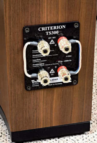 Gniazdko wygląda zacnie
- solidne zaciski i zwory z krótkich, zaterminowanych
kabelków - ale można się zdenerwować
walcząc z zaślepkami wciśniętymi na
mur-beton, a nie da się tego uniknąć, kiedy
chcemy włożyć wtyczki bananowe. I nie wchodzi
tu w grę żaden inny, nawet prowizoryczny
sposób ich instalacji (pod zakrętką).