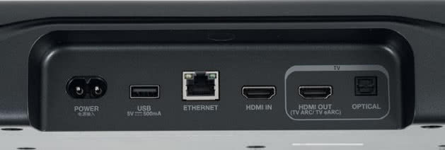 Dwa złącza HDMI (w tym jedno z kanałem zwrotnym eARC) plus wejście optyczne; jest też LAN, ale USB pełni wyłącznie zadania serwisowe.