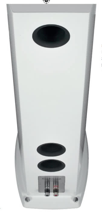 Zamias klasycznego
cokołu - nowocześnie
zaprojektowana podpora,
wizualnie „odrywająca” kolumnę
od podłogi, a przy tym dobrze stabilizującą,
dzięki daleko wysuniętym
kolcom. Na tylnej ściance widać
drugi otwór bas-refleks.