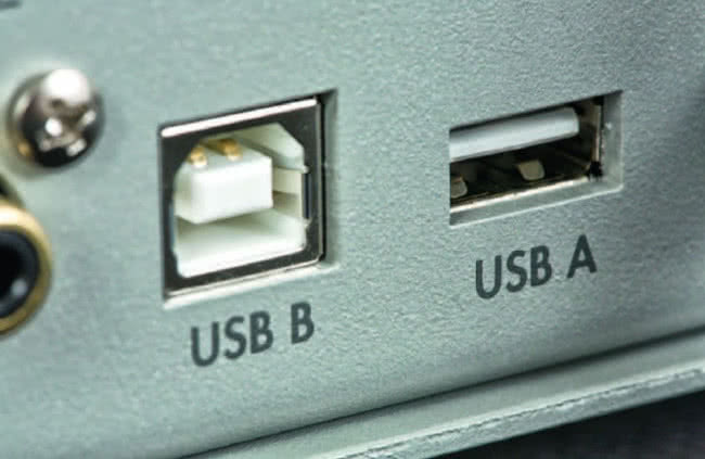 Gniazda USB mają inny kształt i pełnią różne role; jedno można wykorzystać, żeby podłączyć komputer (jako źródło sygnału), drugie - np. dysk twardy lub sprzęt Apple.