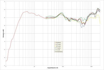 Rys.2. - Davone Grande: charakterystyka przetwarzania w całym pasmie akustycznym, na różnych osiach.