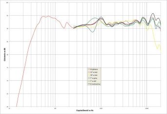 Rys. 2. JBL 4376 - charakterystyka przetwarzania w całym pasmie akustycznym, na różnych osiach.