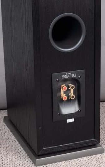 Otwór bas-refleks straszy na tylnej ściance, ale
duża średnica wcale nie oznacza jego silniejszego
promieniowania