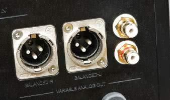 Wyjścia analogowe podzielono na dwie sekcje o stałym i regulowanym napięciu, w każdej jest para
XLR i RCA.