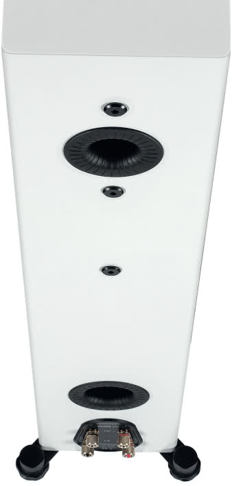 Obydwa tunele bas-refl eks wyprowadzono na
tylnej ściance; widać na niej również mocowania
trzech głośników.