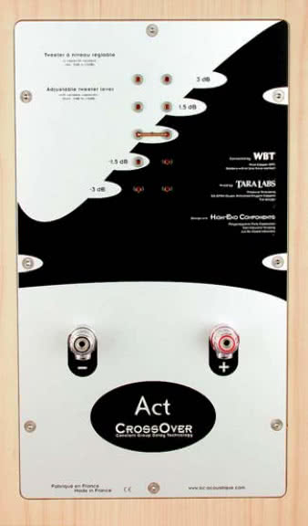 Znana już z wcześniejszych konstrukcji BC, duża płyta na tylnej ścianie, ukrywająca po wewnętrznej stronie zwrotnicę, eksponuje na zewnątrz nie tylko trzpienie dla przewodu przyłączeniowego, ale i regulator poziomu wysokich tonów - w formie pięciu par gniazd, łączonych w wybranym miejscu zworą.